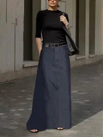 Fashion Imitation Denim H-Line High Waist Skirts Spring Summer Loose Solid Color Pockets Maxi Skirt For Women - Image 2