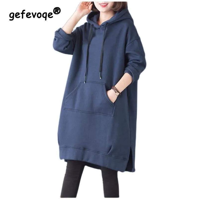 

2023 Autumn and Winter Women's Large Medium Long Plush Thickened Relaxed Comfortable Versatile Sweater Hooded Split Coat