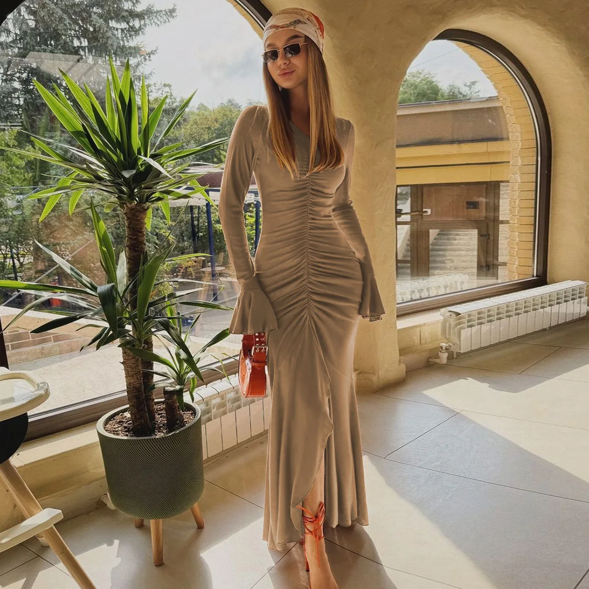 V-Neck Pleated Slim Long Dress Female Fashion Ruffled Patchwork Solid Elegant Party Dress New Women Maxi Dress Streetwear