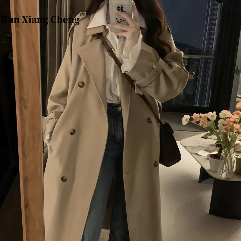 

2023 New Khaki Medium-length Loose-fitting Casual Coat Korean Fashion Women's Windbreaker Jacket Female Office Street Overcoat