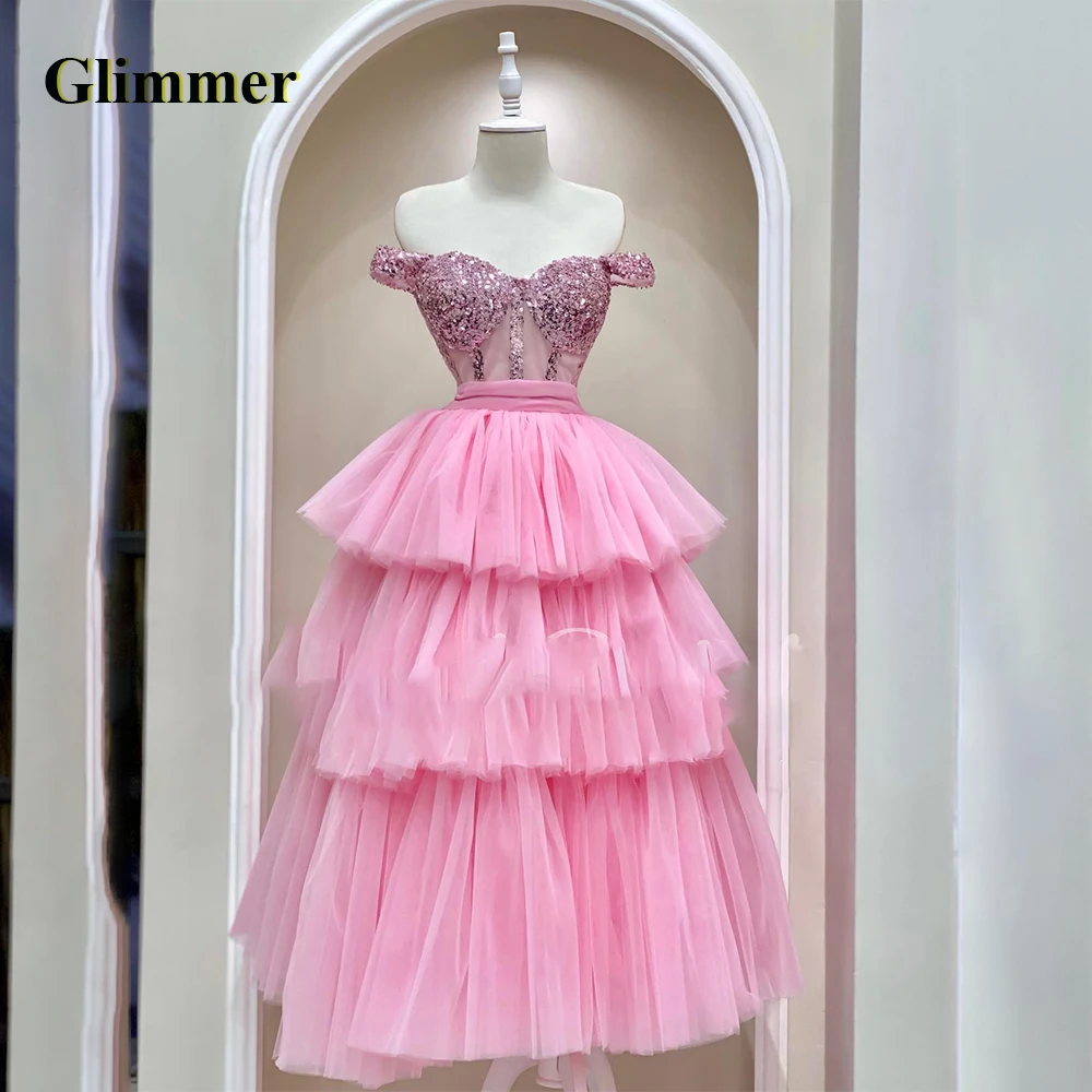 

Glimmer Fancy Tiered Evening Dresses Off The Shoulder A Line Sequines Tulle Backless Pleat Vestidos De Festa Made To Order