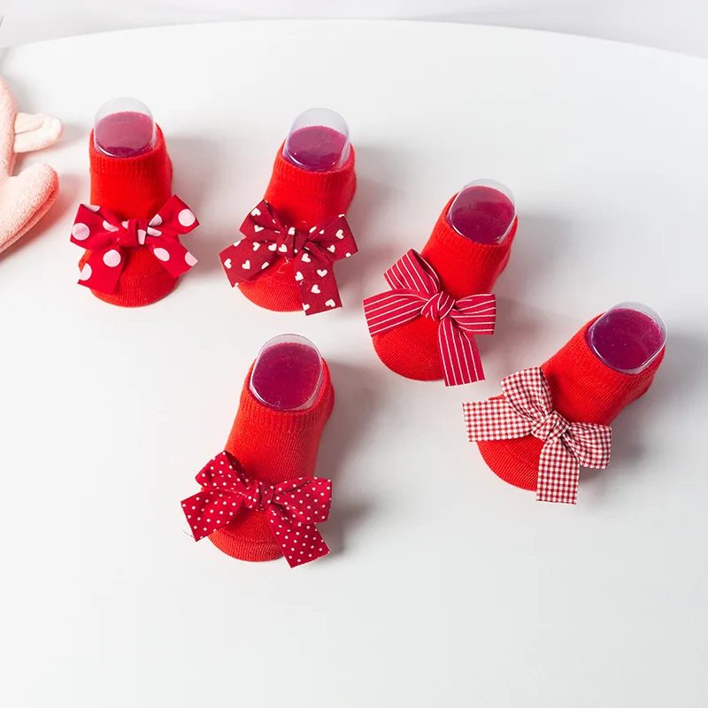 Cute Bowknot Baby Boat Socks Soft Cotton Newborn Girl Short Socks with Rubber Sole Anti Slip Red Color Kids Toddler Floor cotton socks,kids socks,baby socks,girls socks