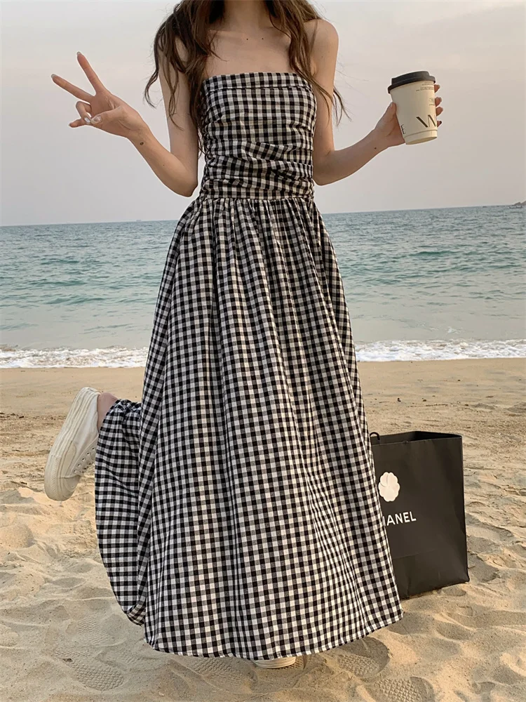 

Off Shoulder Bodice Dress Women's Dress Spring Summer Sleeveless High Grade Plaid A-line Medium-length Beach Dress