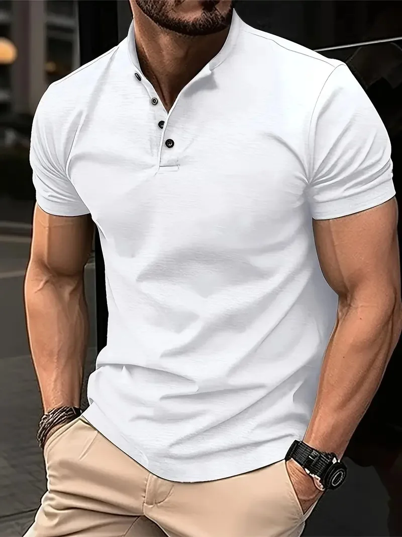 Nuova Collezione Estate 2026: T-shirt da Uomo con Colletto Henley, Bottoni, Slim Fit, Casual, Tinta Unita, Manica Corta, Sportiva, Stile Polo - immagine 5