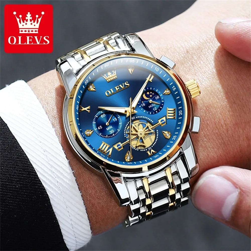 OLEVS 2856 Quartz Men's Watch Waterproof Luminous Original Dress Watch For Men Moon Phase Stainless Steel Business Wristwatch