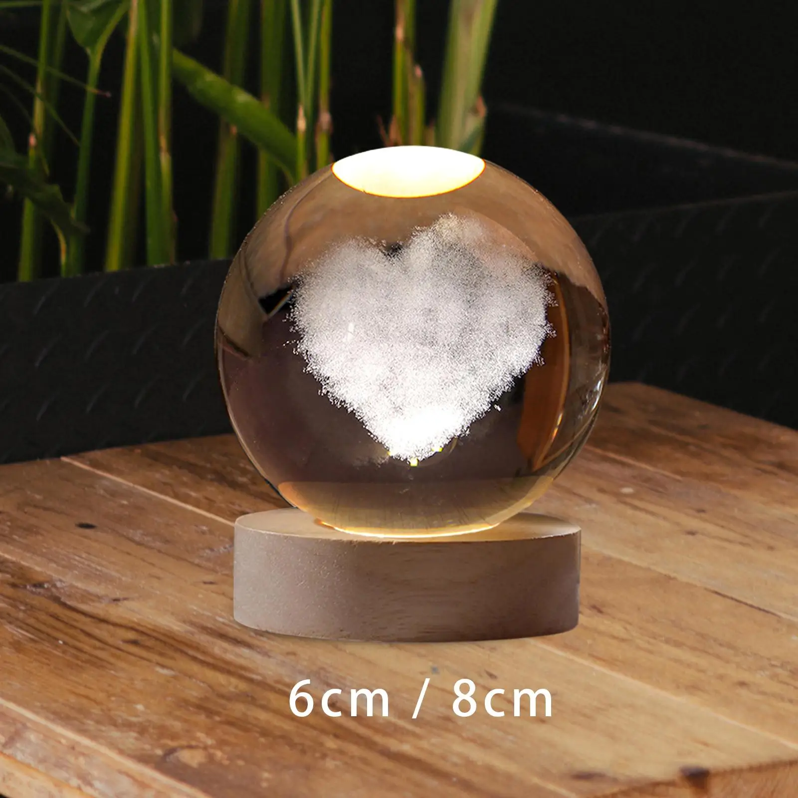 

3D Glass Ball Night Light Heart Pattern Gift with LED Wood Base for Bedroom