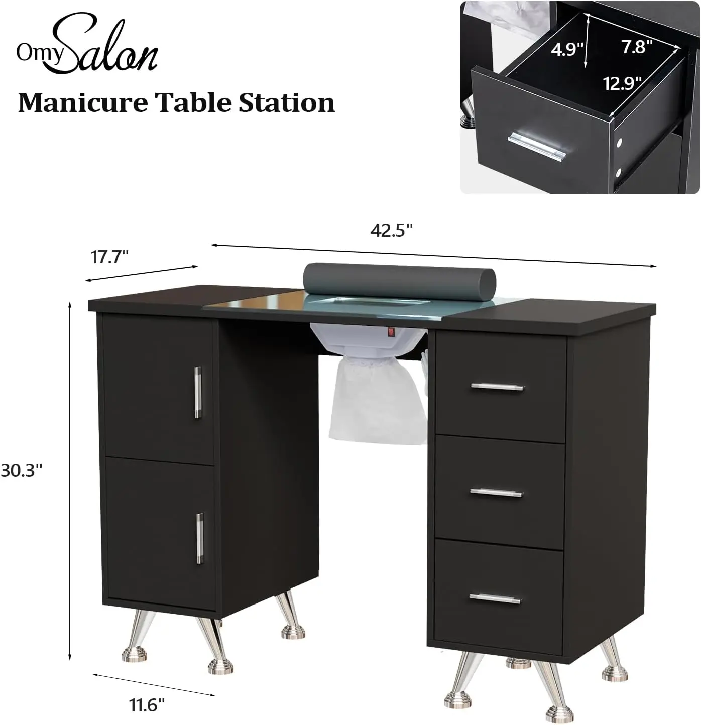 Manicure Table Nail Desk for Nail Tech w/Glass Top & Wrist Rest Beauty Salon Nail Supplies Decor Workstation Acetone Resistant