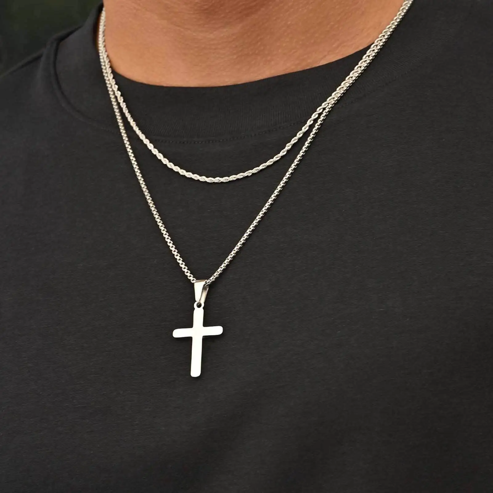 2pcs Men's Necklace,Waterproof Stainless Steel Cross Pendant Necklace,Birthday Party Jewelry Gift for Husband Dad Son BBF