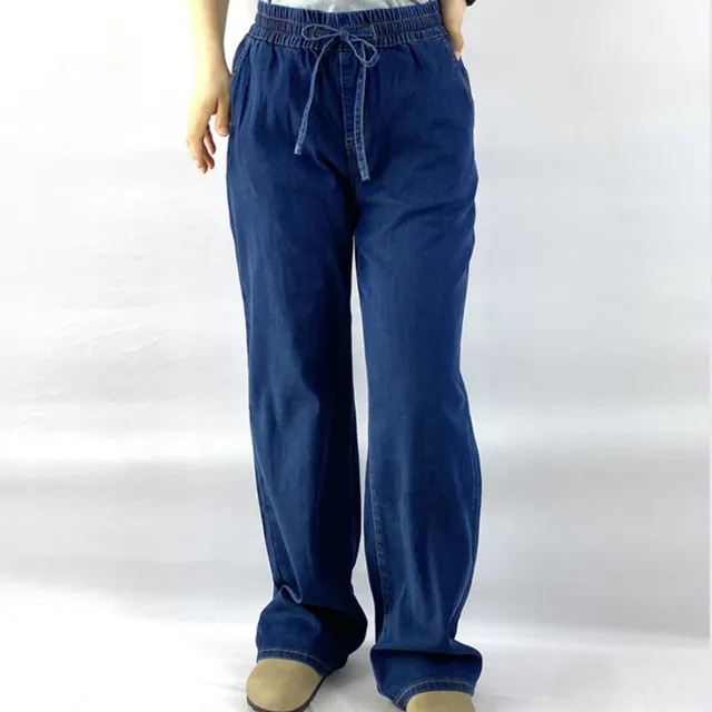 Summer 100KG Plus Size Thin Wide Leg Jeans Casual Premium Drawstring Elastic Waist Lyocell Denim Straight Pants For Women 9365