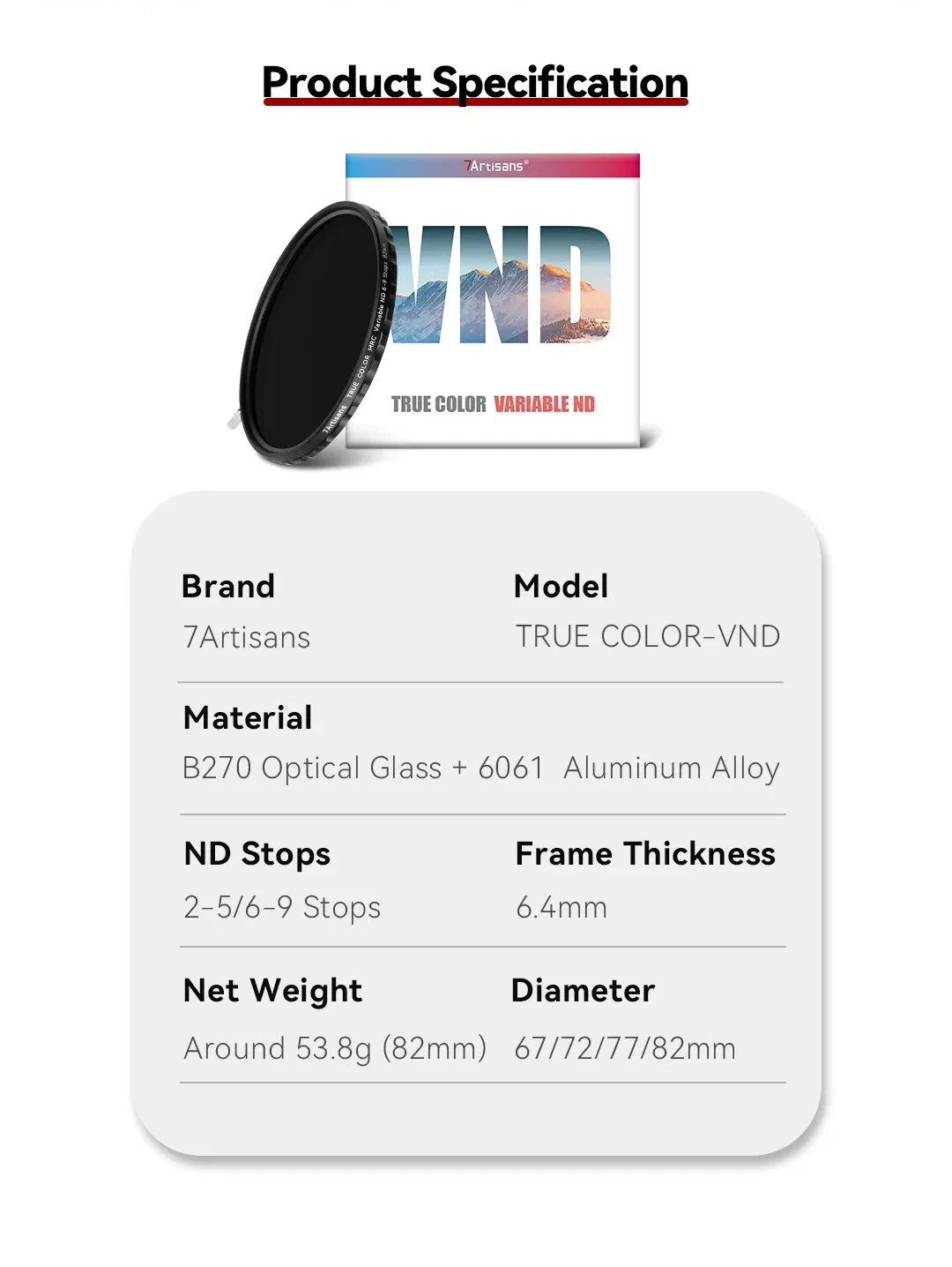 7artisans True Color VND Adjustable Neutral Density Filter 2-5/6-9 Levels 67mm/7