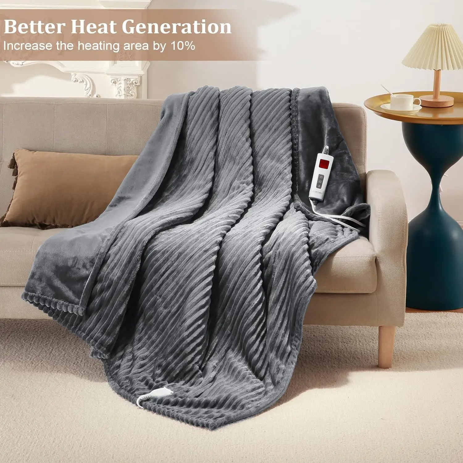 Grey Flannel Electric Blanket, Soft Ribbed Flannel Heated Blanket with 6 Heating Levels & 20 Time Settings, Fast Heating Blanket