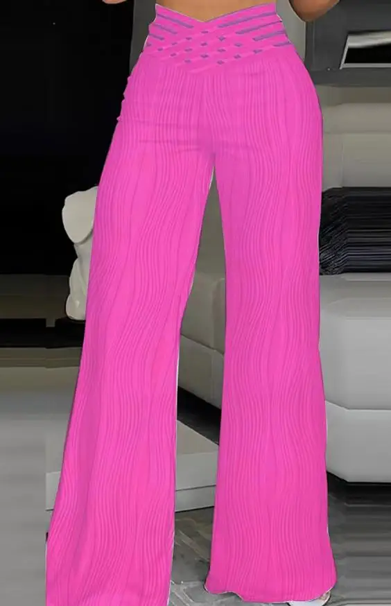 2024 Women's New Summer Pants Folding Waist Marble Long Texture Solid Color Open Front Pants