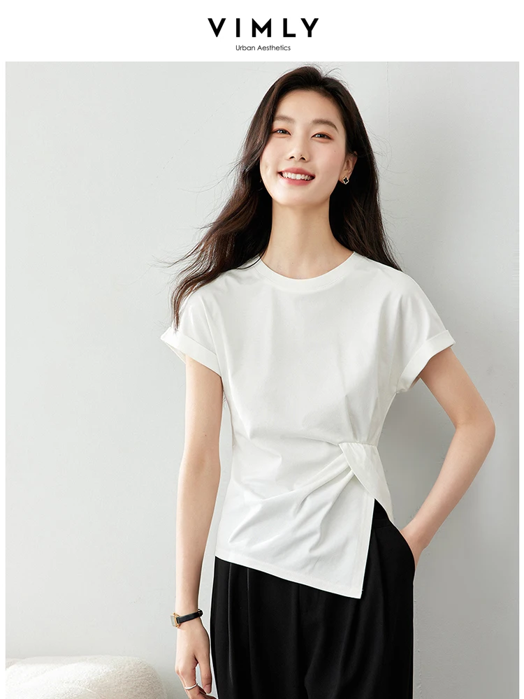 

Women's Cool Feeling White Short Sleeve Irregular O-Neck T-Shirt Summer New Casual Split Twist Fashionable Top Waisted Blouse