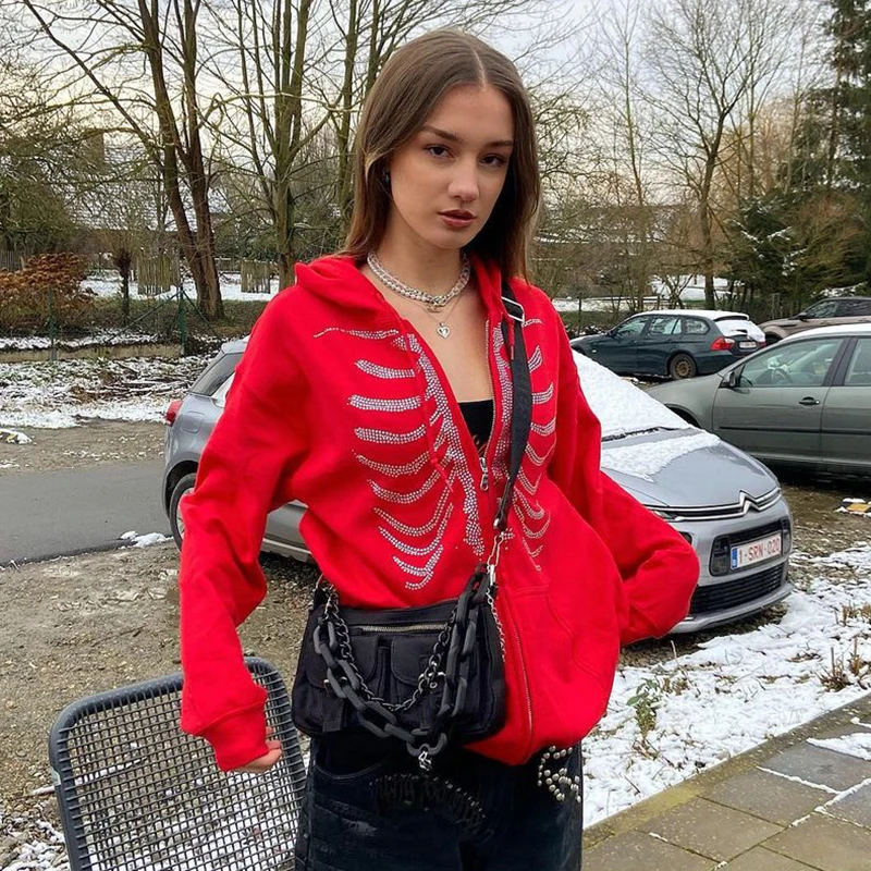 Rhinestone Skeleton Zip Up Oversized Sweatshirts Y2K Tops 2023 Autumn Retro Goth Hoodies Women Grunge Hooded Jacket Streetwear