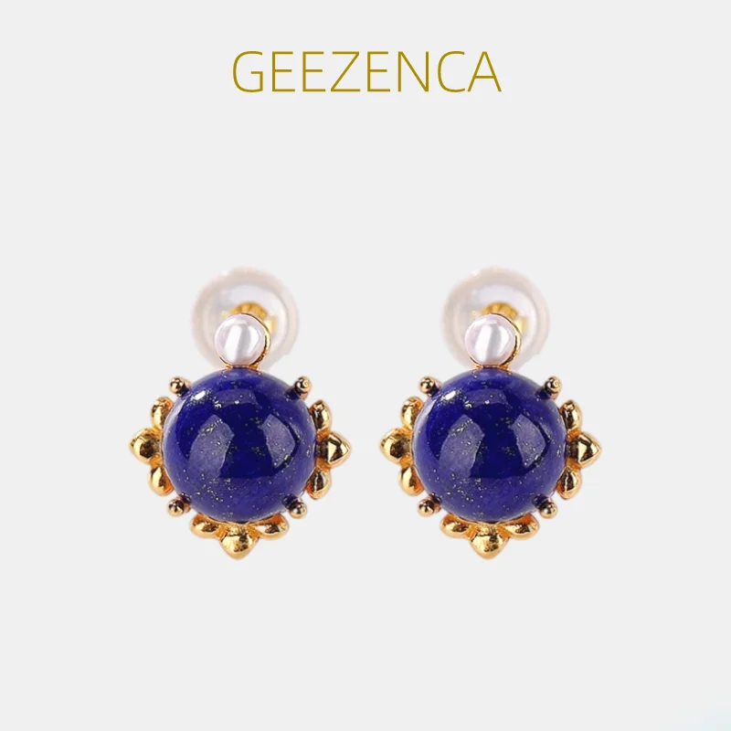 

GEEZENCA 925 Silver Gold Plated Round Natural Lapis Lazuli Stud Earrings For Women Pearl Minimalism Simple Chic Earring 2023 New