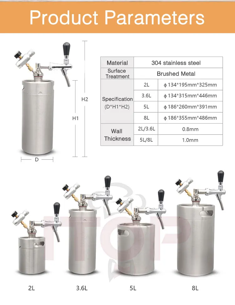 ITOP 2L/ 3.6L/ 5L/ 8L Household Beer Keg Stainless Steel Portable Beer Dispenser Tap System Italian Tap and CO2 Regulator
