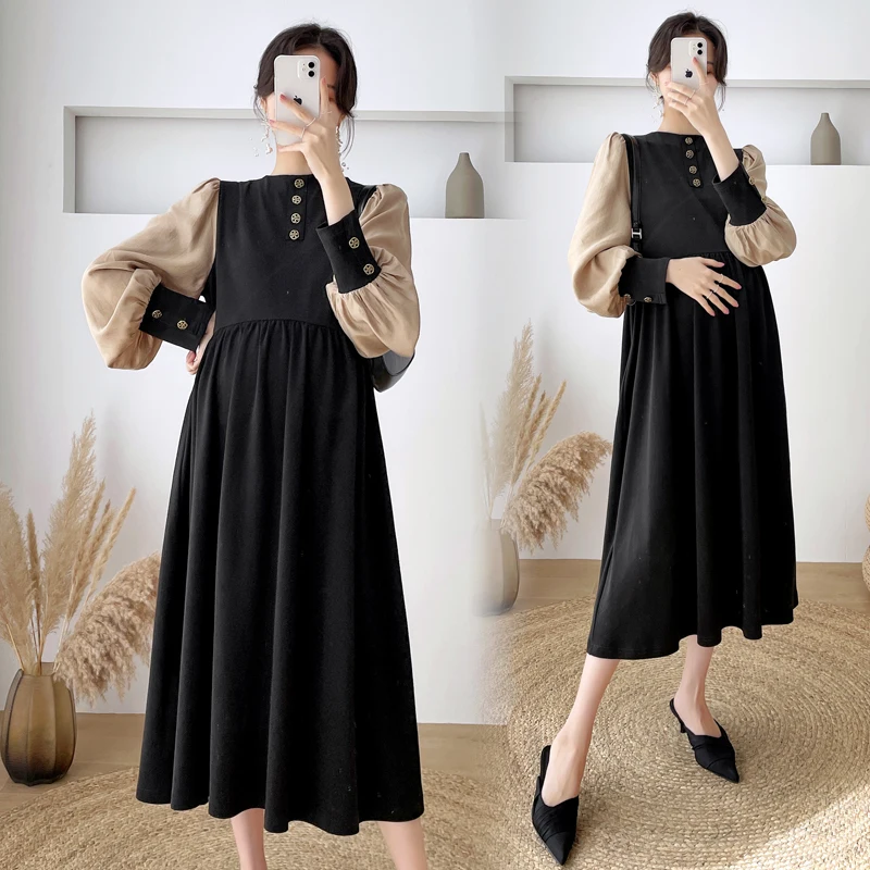 

1882# 2023 Autumn New Korean Fashion Maternity Midi Dress Stylish bat Sleeve Patchwork A Line Loose Clothes for Pregnant Women