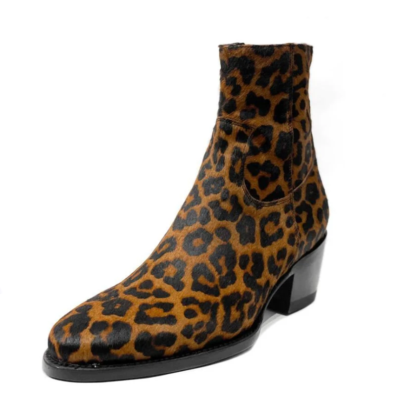 British Style Leopard Printed Genuine Leather Men's Ankle Boots Brown Zipper Business Men Boots Zapatos Para Moto Hombre