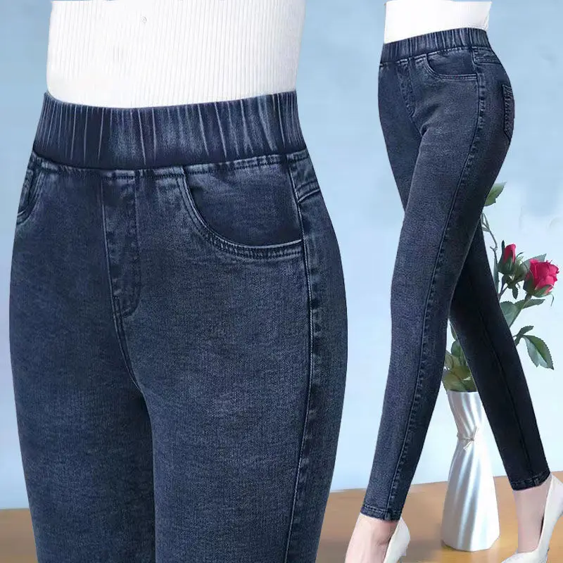 

Women High Wasit Big Size 34 Stretch Denim Pants Vintage Skinny Pencil Ankle Length Jeans Mom Leggings Vaqueros Slim Pantalone