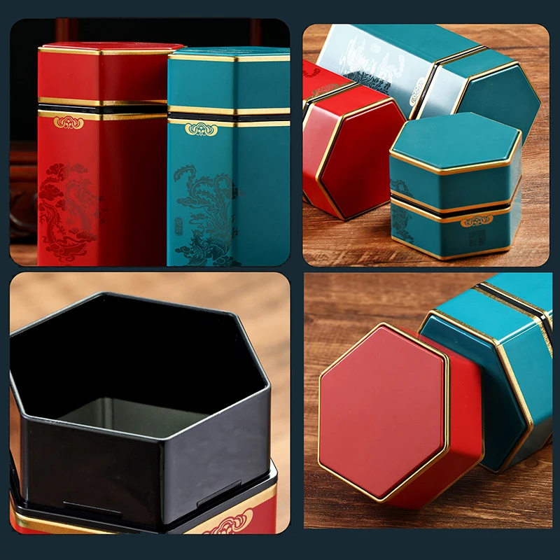 Description Picture 5 of itemCreative Hexagonal Teapot Tin Can Chinese Tinplate Tea Storage Tank Sealed Portable Tea Box Empty Can Tea Set Accessories