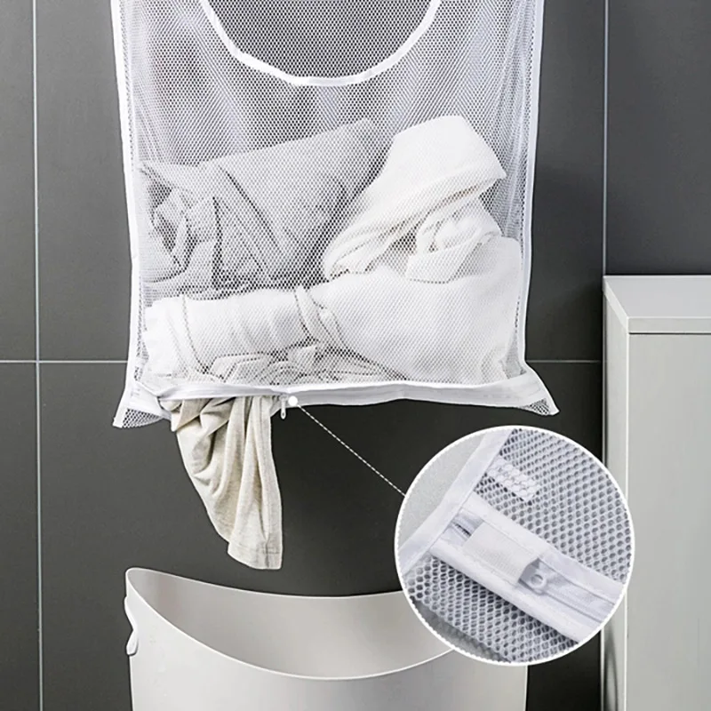 1/2pcs Folding Folding Laundry Sorting Basket Washing Frame Bathroom Mesh Dirty Clothes Storage Bag Wall Hanging Bag with Hook