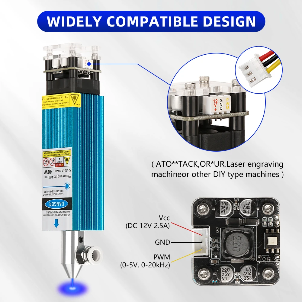 450nm Focusable 15W Blue Laser Module Diode Engraving Cutter TTL