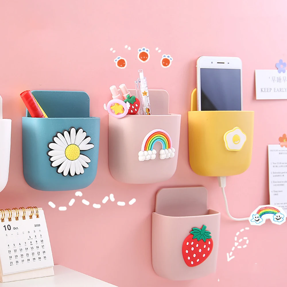 Cute Daisy Strawberry Pen Holder Self Adhesive Storage Rack Wall Hanging Phone Holder Desk Stationery Organizer Office Supplies