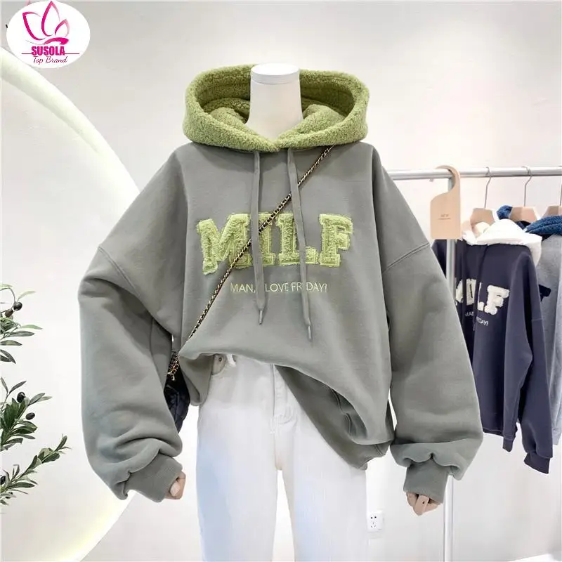 

SUSOLA Trend Patchwork Oversize Sweatshirt Women Winter Casual Loose Cotton Thick Letter Long Sleeve Hoodies Female Streetwear