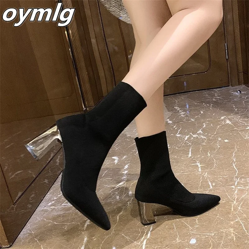 Pointed Thick Heel Short Boots for Women 2023 New Summer High Heel Boots Versatile Knitted Elastic Boots for Women