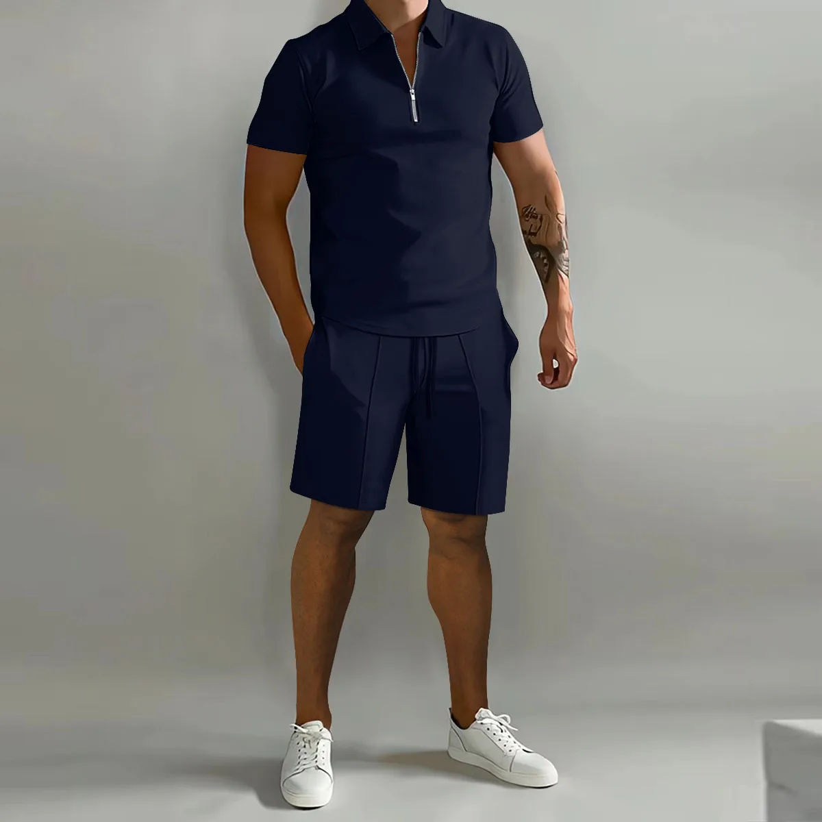 

Summer new casual sports suit men's lapel zipper short-sleeved POLO shirt loose trend men's summer T-shirt shorts two-piece set