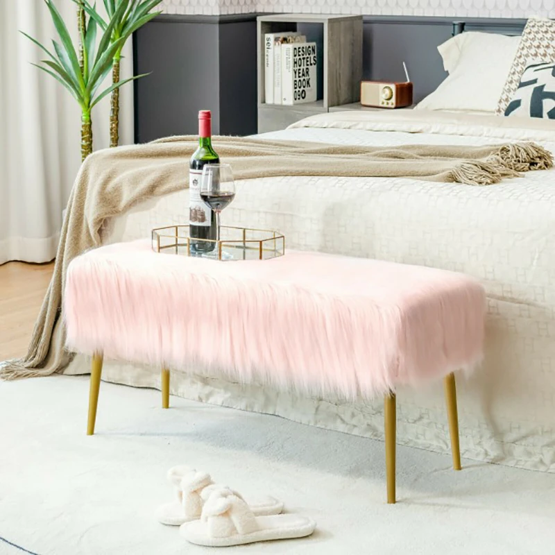 

Modern Faux Fur Ottoman Bench with Golden Legs Bedroom Bedside Ottoman Storage Stool Home Furniture