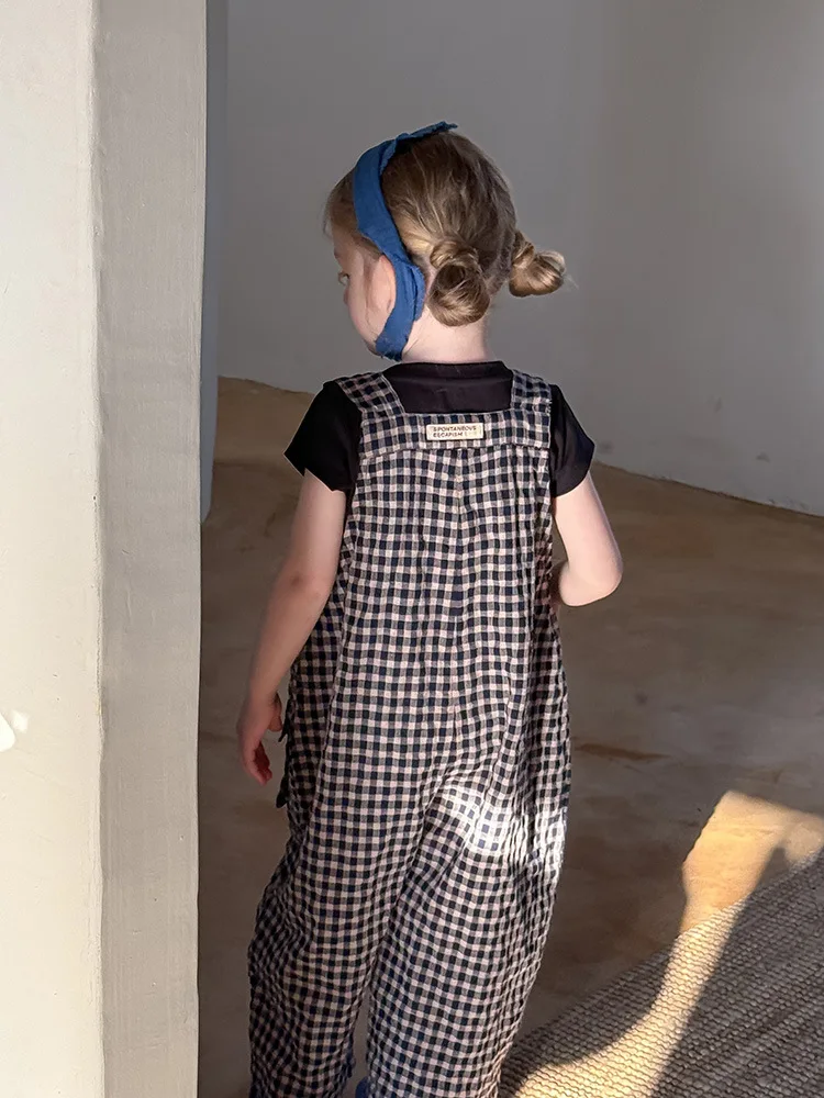 2025 Spring New Children Plaid Overalls Cotton Boys Thin Casual Pants Breathable Baby Girls Loose Strap Trousers Kids Clothes