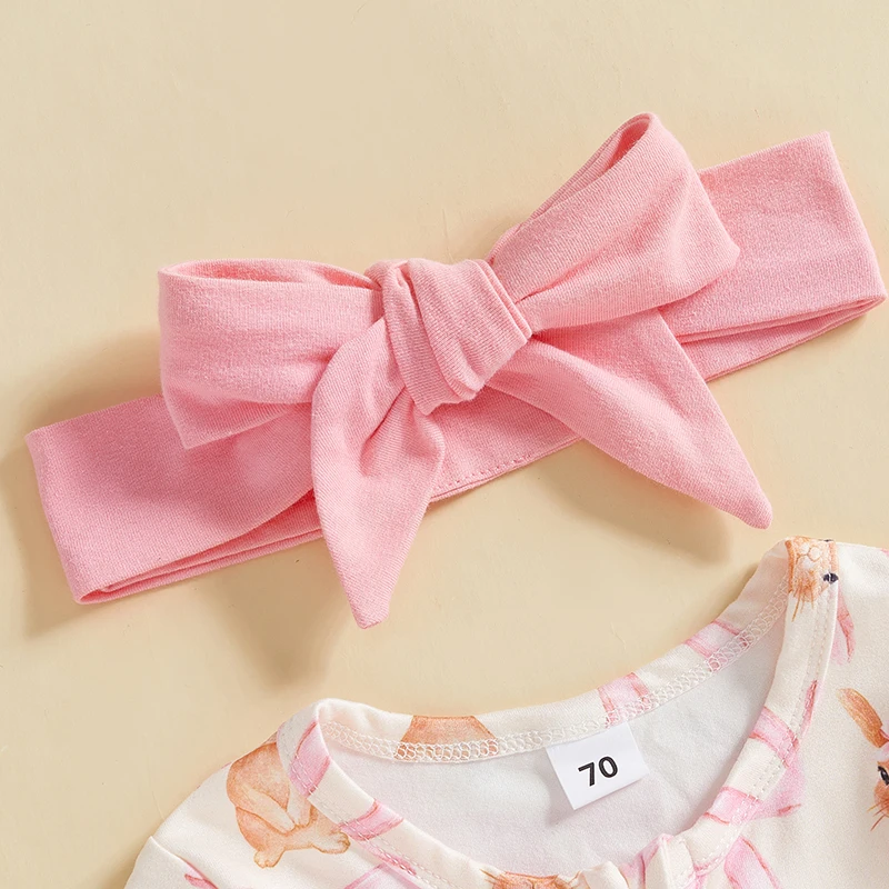 Baby Girls Easter Footie Romper Rabbit Bow Print Ruffled Zip Up Long Sleeve Fall Jumpsuits Headband baby rompers baby jumpsuit cotton jumpsuit baby clothing