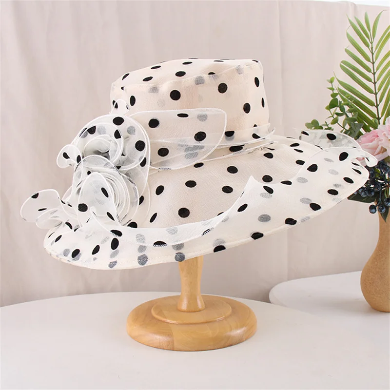 Flower Polka Dot Organza Big Brim Hat Women's Kentucky Derby Tea Party Wedding Headwear Hat Ladies Elegant Cap 1