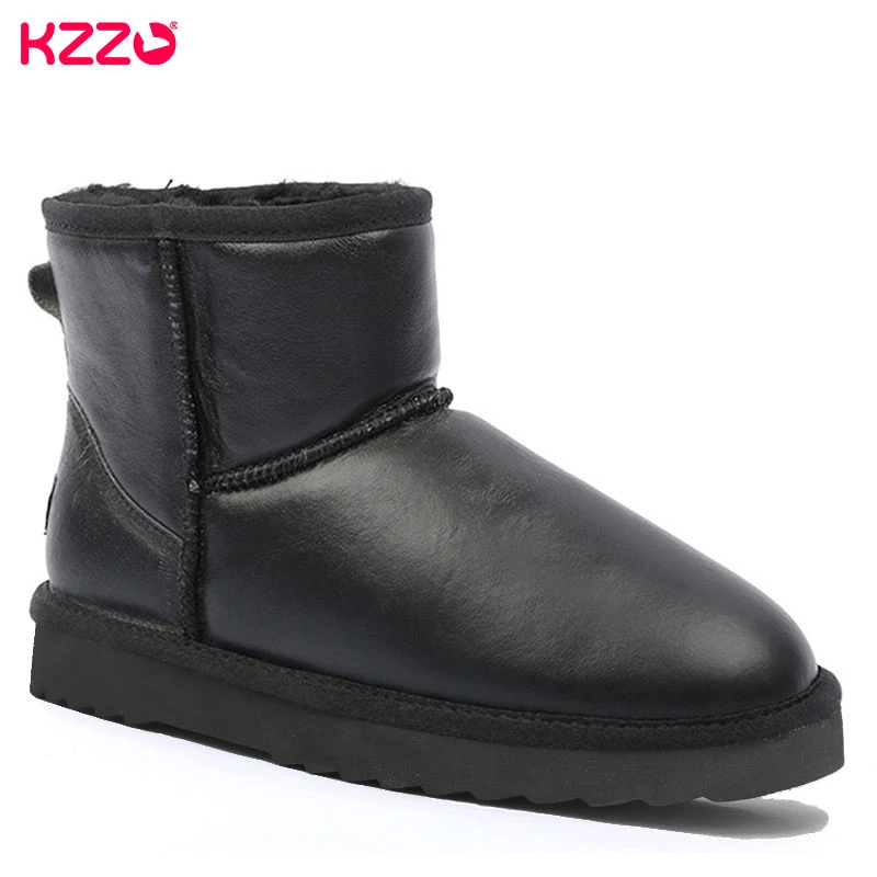 KZZO Australian Classic Waterproof Ankle Men Snow Boots Genuine Leather Natural Wool Lined Winter Warm Non-slip Short Boots