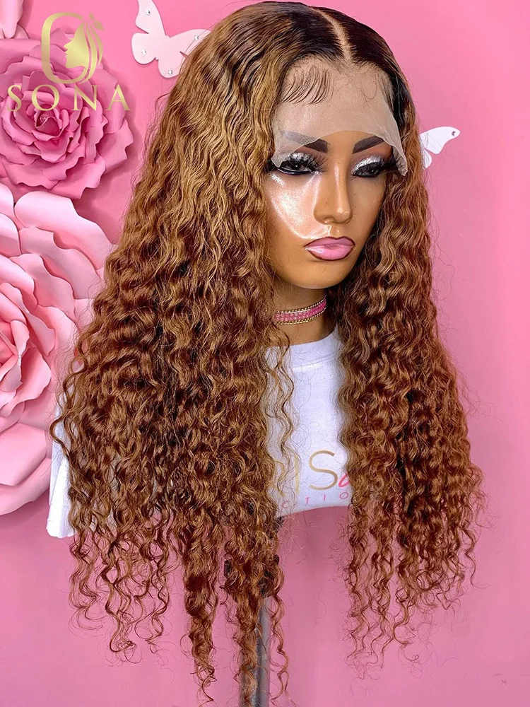 

13x6 Hd Lace Front Highlight Human Hair Wigs Glueless Curly Colored Honey Blonde Brown Red Dark Roots 13x4 Deep Wave Frontal Wig