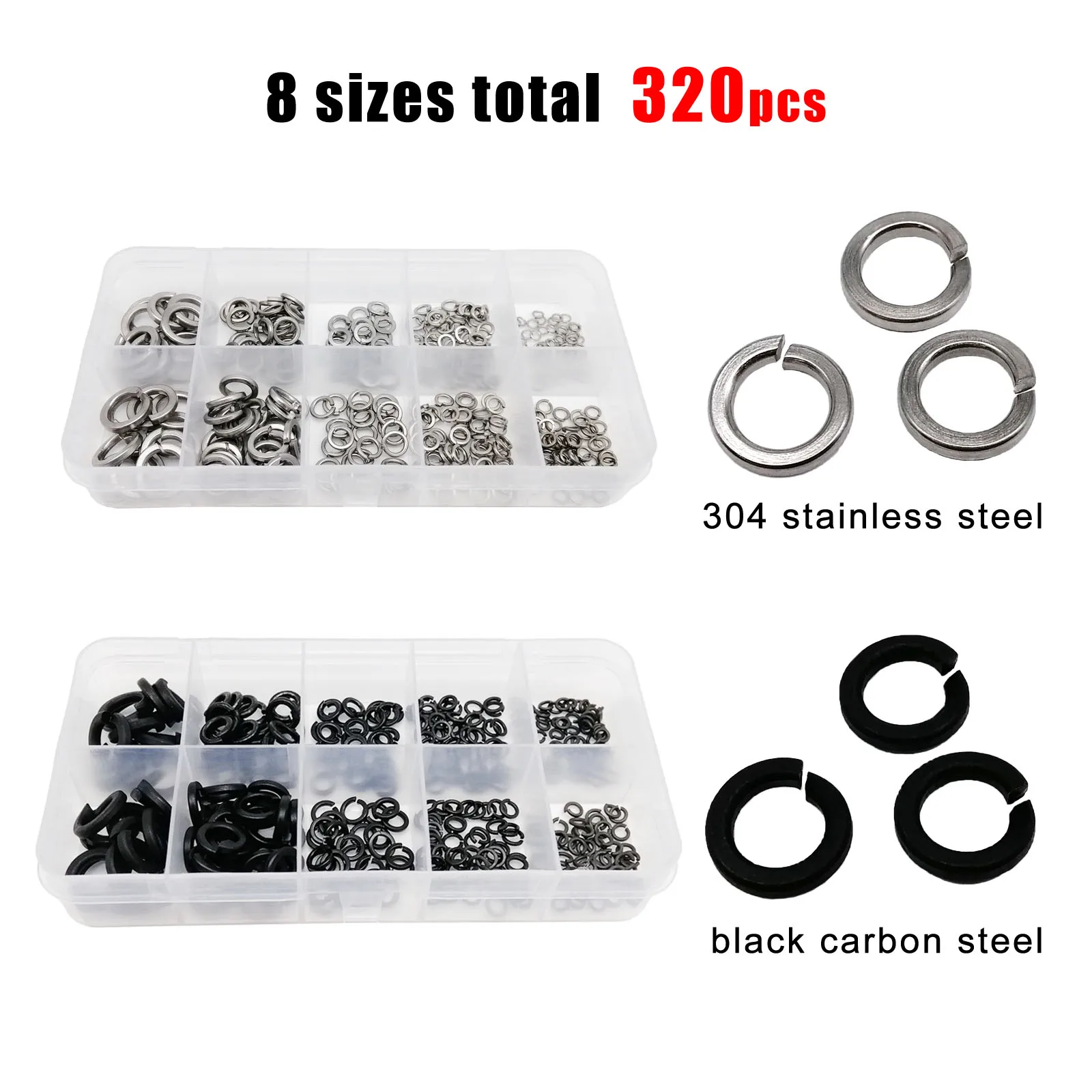 320pcs/box M2 M2.5 M3 M4 M5 M6 M8 GB93 304 A2 Stainless Steel Black Spring Split Lock Washer Elastic Gasket Assortment Kit Set