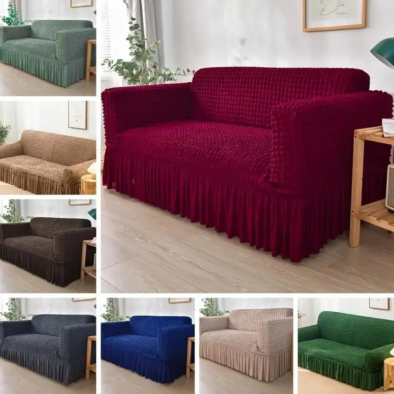 

Seersucker Sofa Slipcover with Skirt，Jacquard Solid Color Couch Cover For Livingroom，Anti-cat Scratch Universal Sofa Protector