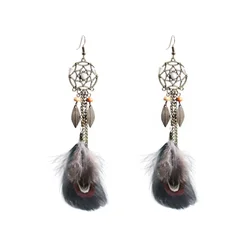 Boho Ethnic Dream Catcher Feather Tassel Earrings - Handmade Antique-Inspired Jewelry (Black)