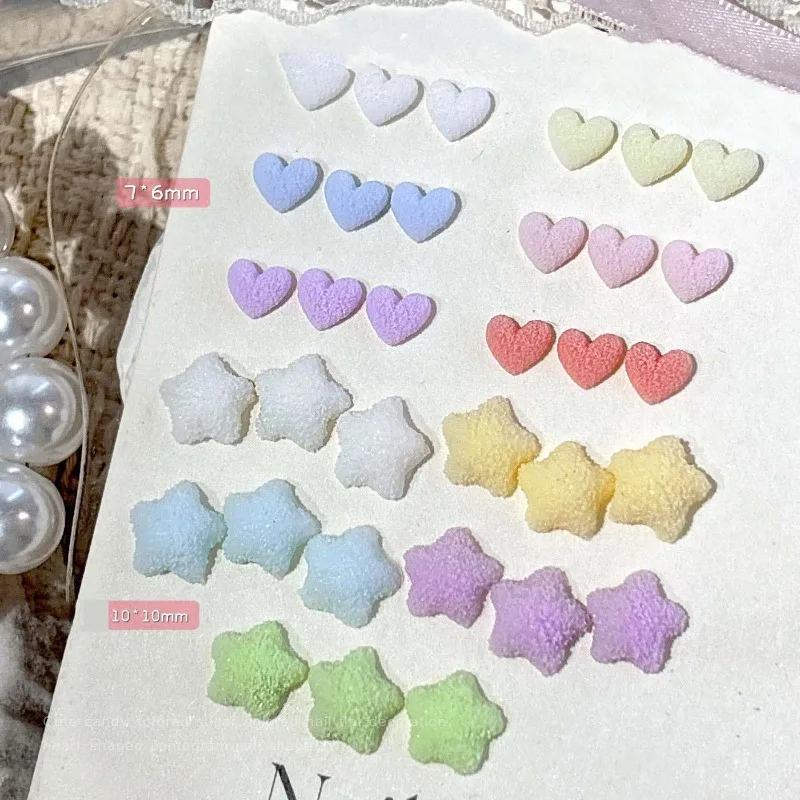 캔디 컬러 프로스티드 하트 & 스타 네일 참, 설탕 질감 레진 라인스톤, 플랫 백 3D 네일 아트 장식 DIY 매니큐어용