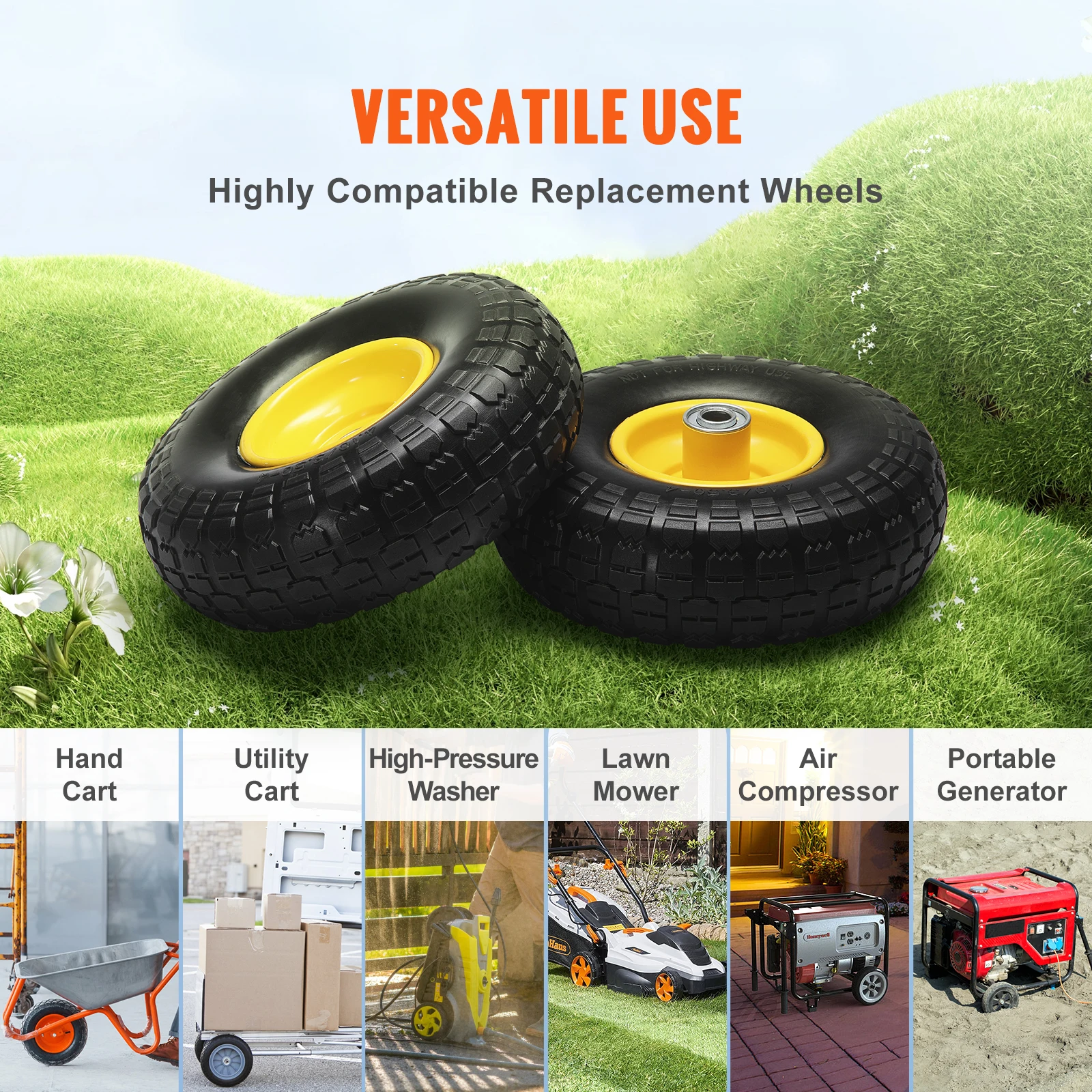 VEVOR 2-Pack Solid PU Run-Flat Tire Wheel 10" Flat Free Tubeless Tires and Wheels for Dollies Garden Trailers Various Carts images - 6