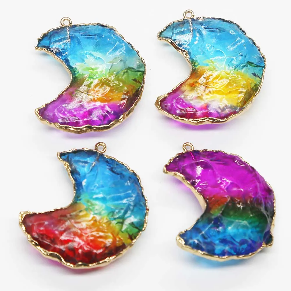 Natural Semi Precious Stone Color Crystal Crescent Gold Edged Necklace Pendant Charms Quality Jewelry Accessories Wholesale 8Pcs