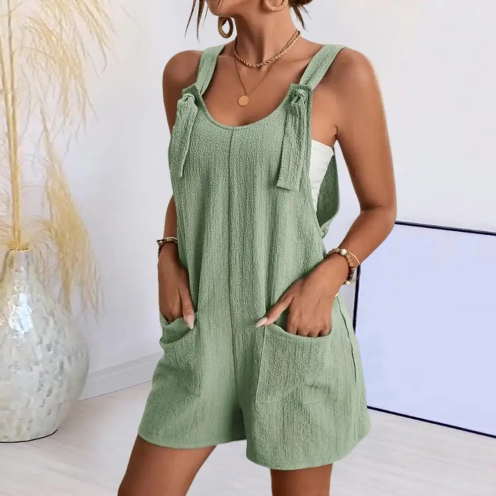 

Women Boho Loose Overalls Solid Color Square Collar Playsuits Sleeveless Rompers Summer Casual Clothes Jumpsuit With Pocket