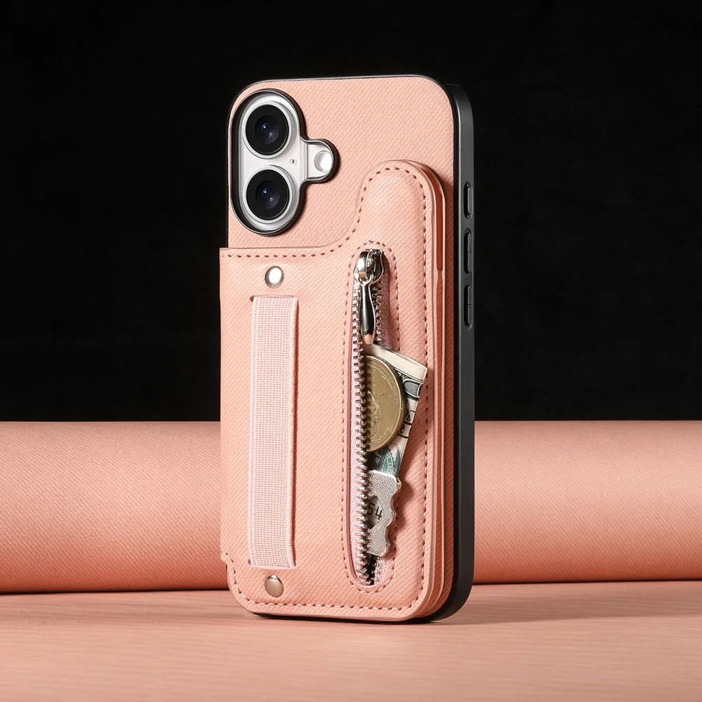 Zipper Cards Slot Leather Wallet Case with Elastic Wrist Strap