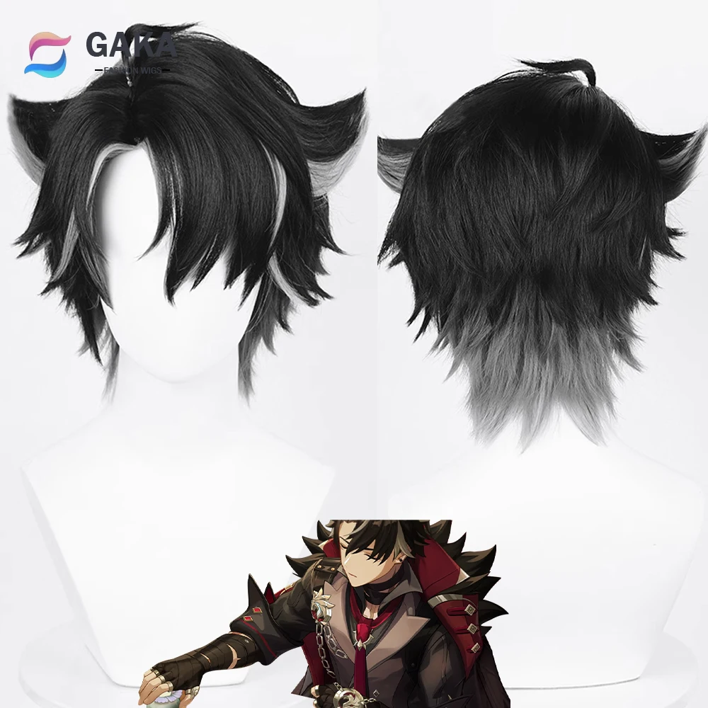 GAKA Game Genshin Impact Wriothesley Cosplay Wig Synthetic Short Fluffy Black Gray Mix Hair Heat Resistant Wig for Party anogol klee game genshin impact cosplay wig blonde double ponytail heat resistant synthetic anime wigs halloween party