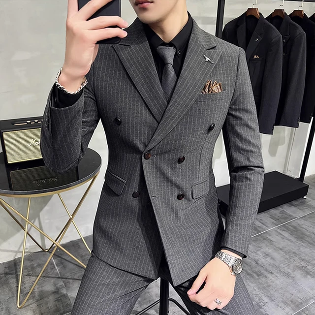 M-7XL ( Blazer + Pants ) Luxury Classic Striped Men's Official Office Casual Business Double -breasted Suit Groom Wedding Gown 2
