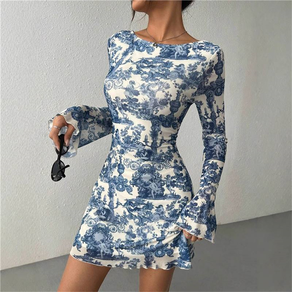 Vintage Print Backless Mini Dress Women Flare Sleeve O Neck Summer Fall Retro Dresses Female Casual Streetwear Party Holiday