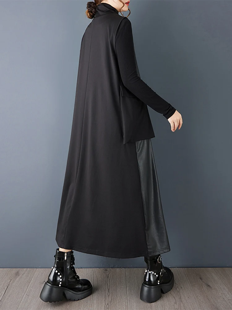 2025 Spring Autumn New Black Vintage Fashion Spliced PU Dresses For Women Turtleneck Sleeveless Loose Casual Midi Dress Clothing