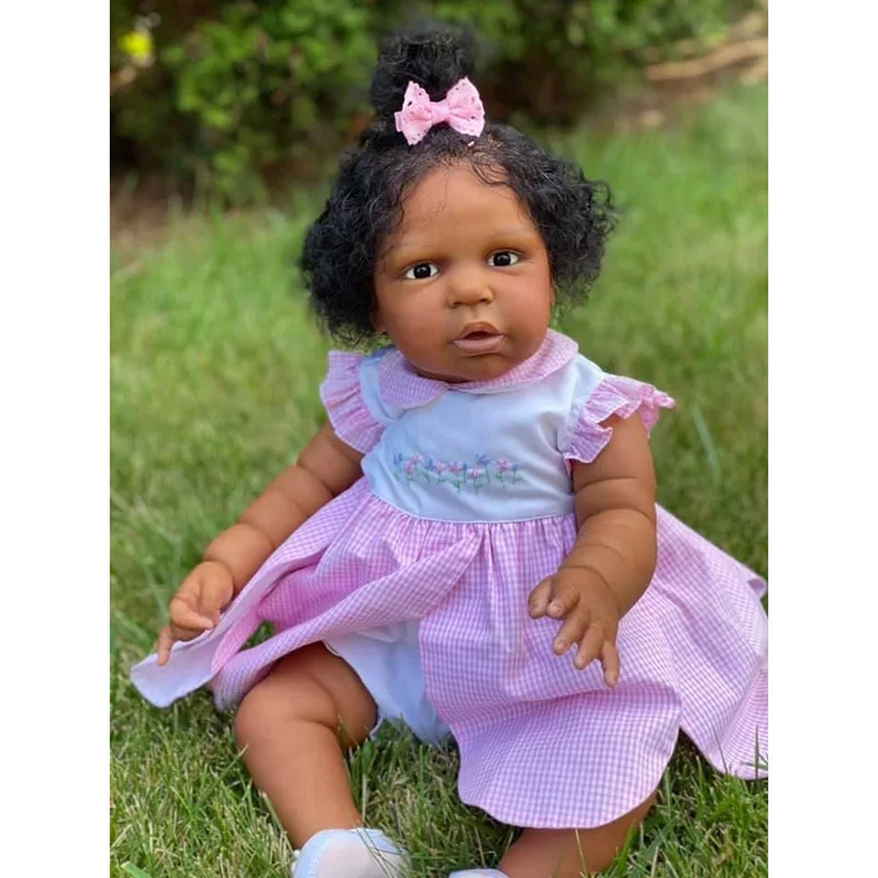 

24inch 60cm magrot Dark Brown Skin Soft Cloth Body Reborn Toddler Girl Doll Rooted Hair High Quality Hand Painted Doll