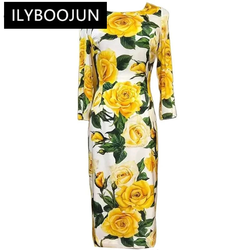 

Модное дизайнерское Весеннее шелковое платье-карандаш ILYBOOJUN, женские элегантные платья с круглым вырезом и длинным рукавом, желтыми цветами розы
